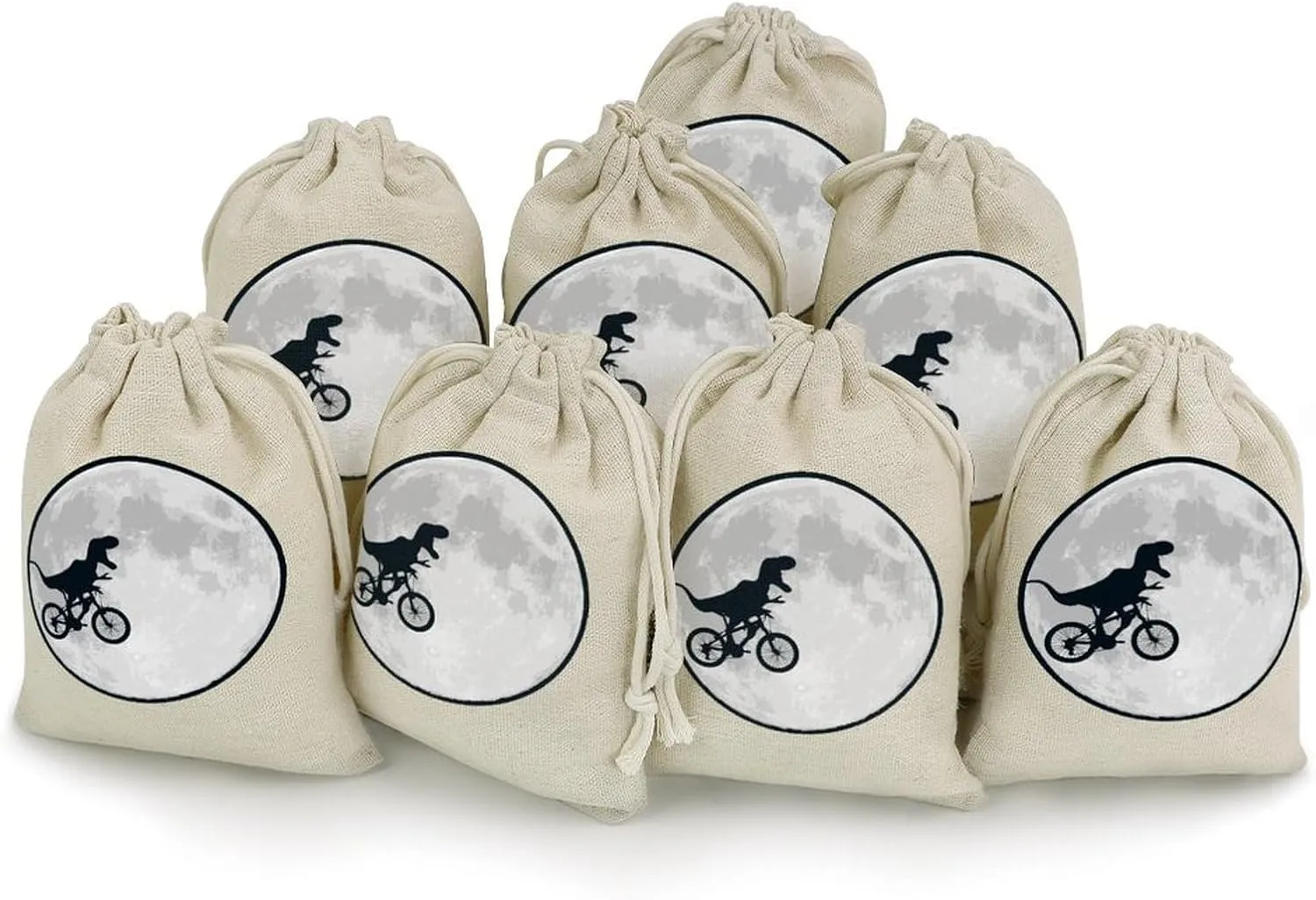 Dinosaur Ride Bike and Moon Cute Tag Drawstring Gift Bags 8 Sets Pockets DIY Jewelry Storage Pouches Wedding Party