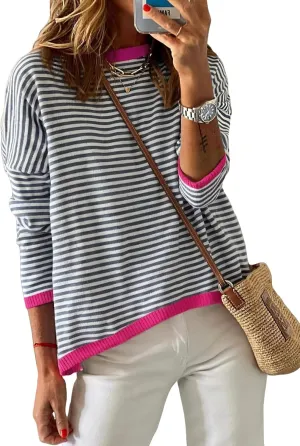 Dokotoo Long Sleeve Shirts for Women Casual Spring Crewneck Striped Color Block Shirt High Low Pullover Sweater Tops