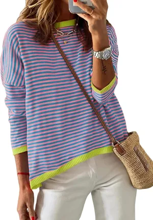 Dokotoo Long Sleeve Shirts for Women Casual Spring Crewneck Striped Color Block Shirt High Low Pullover Sweater Tops
