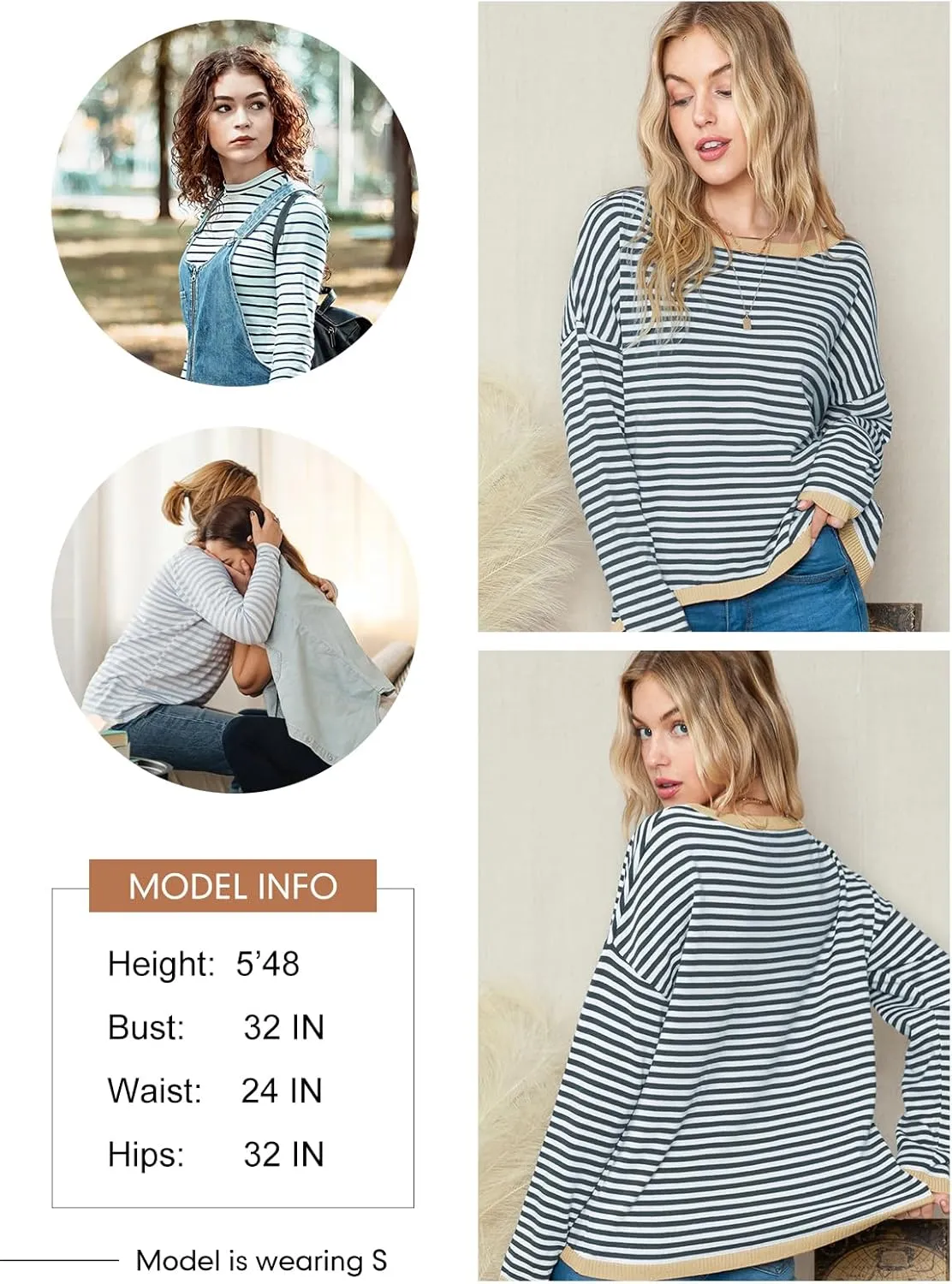 Dokotoo Long Sleeve Shirts for Women Casual Spring Crewneck Striped Color Block Shirt High Low Pullover Sweater Tops