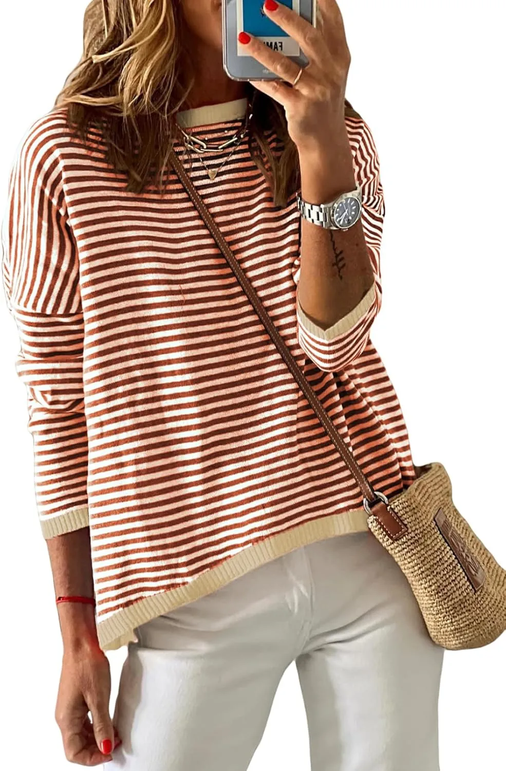 Dokotoo Long Sleeve Shirts for Women Casual Spring Crewneck Striped Color Block Shirt High Low Pullover Sweater Tops