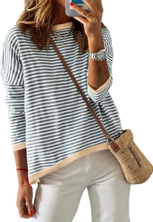 Dokotoo Long Sleeve Shirts for Women Casual Spring Crewneck Striped Color Block Shirt High Low Pullover Sweater Tops