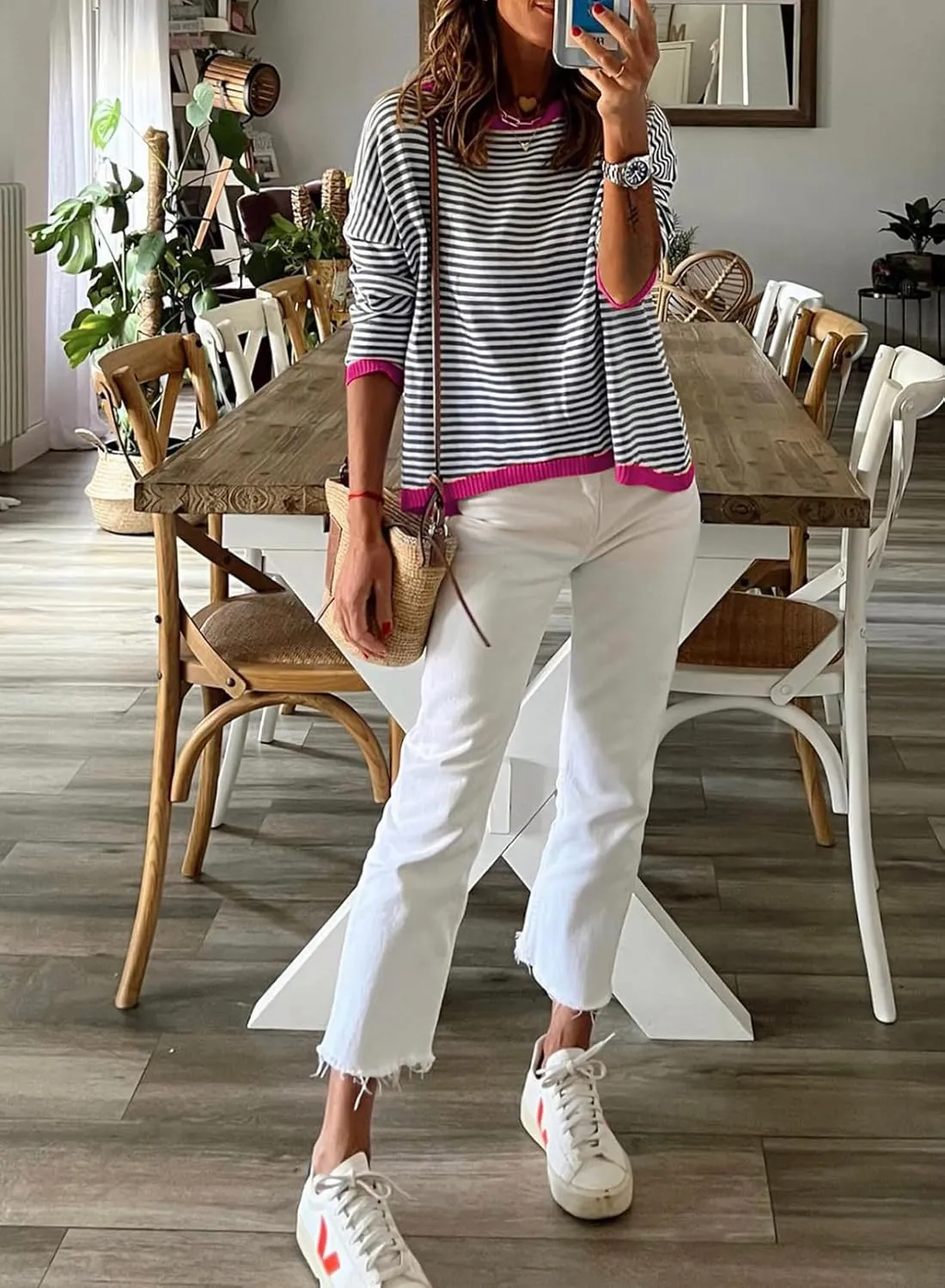 Dokotoo Long Sleeve Shirts for Women Casual Spring Crewneck Striped Color Block Shirt High Low Pullover Sweater Tops