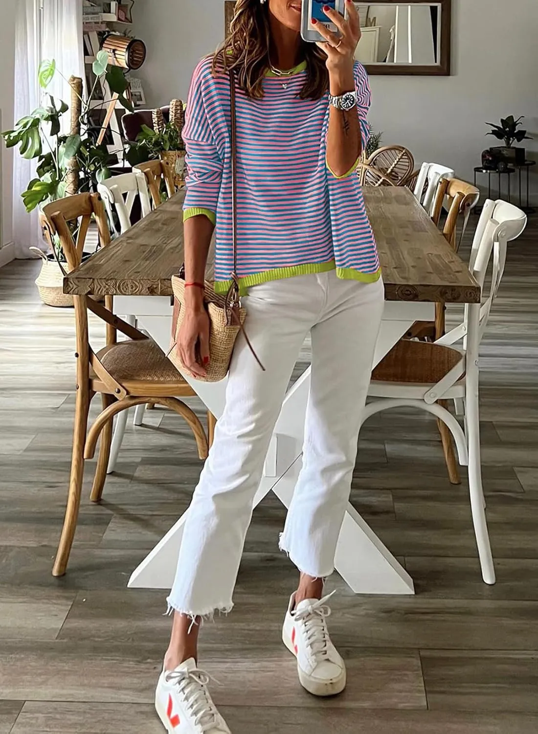 Dokotoo Long Sleeve Shirts for Women Casual Spring Crewneck Striped Color Block Shirt High Low Pullover Sweater Tops