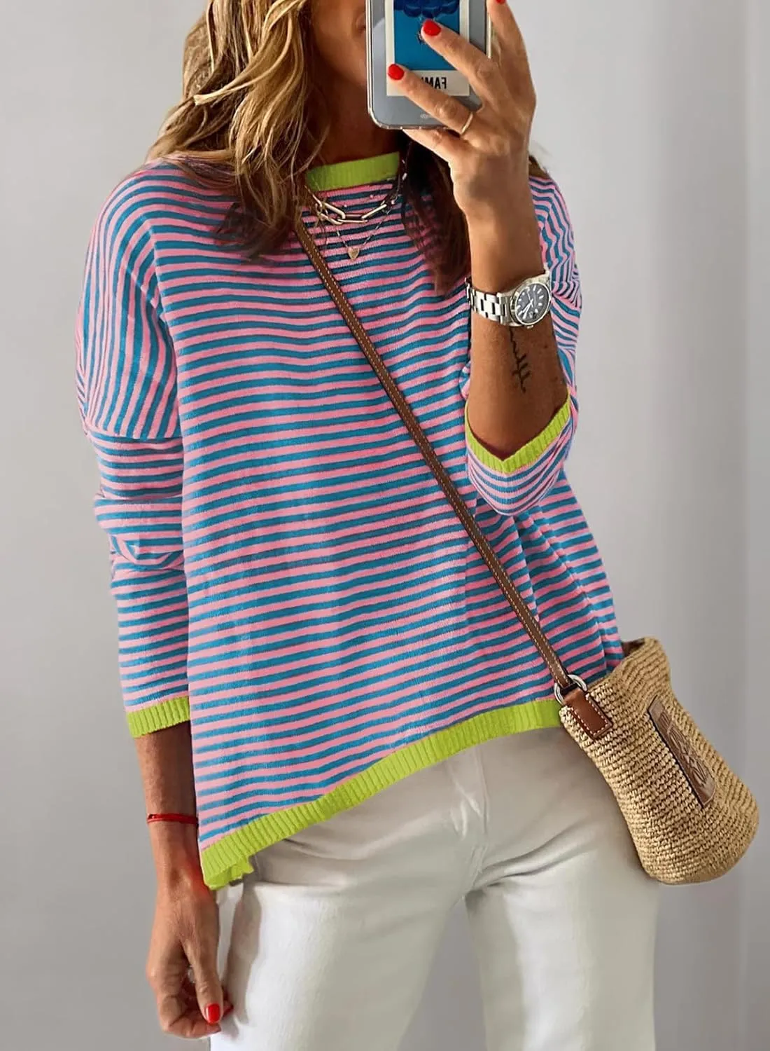 Dokotoo Long Sleeve Shirts for Women Casual Spring Crewneck Striped Color Block Shirt High Low Pullover Sweater Tops