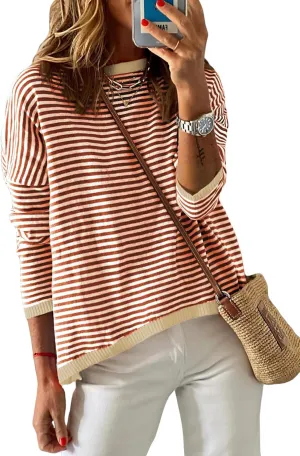 Dokotoo Long Sleeve Shirts for Women Casual Spring Crewneck Striped Color Block Shirt High Low Pullover Sweater Tops