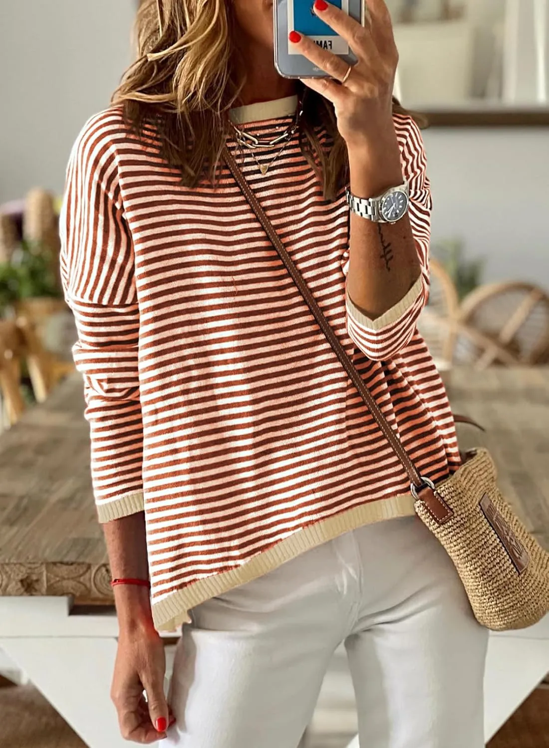 Dokotoo Long Sleeve Shirts for Women Casual Spring Crewneck Striped Color Block Shirt High Low Pullover Sweater Tops