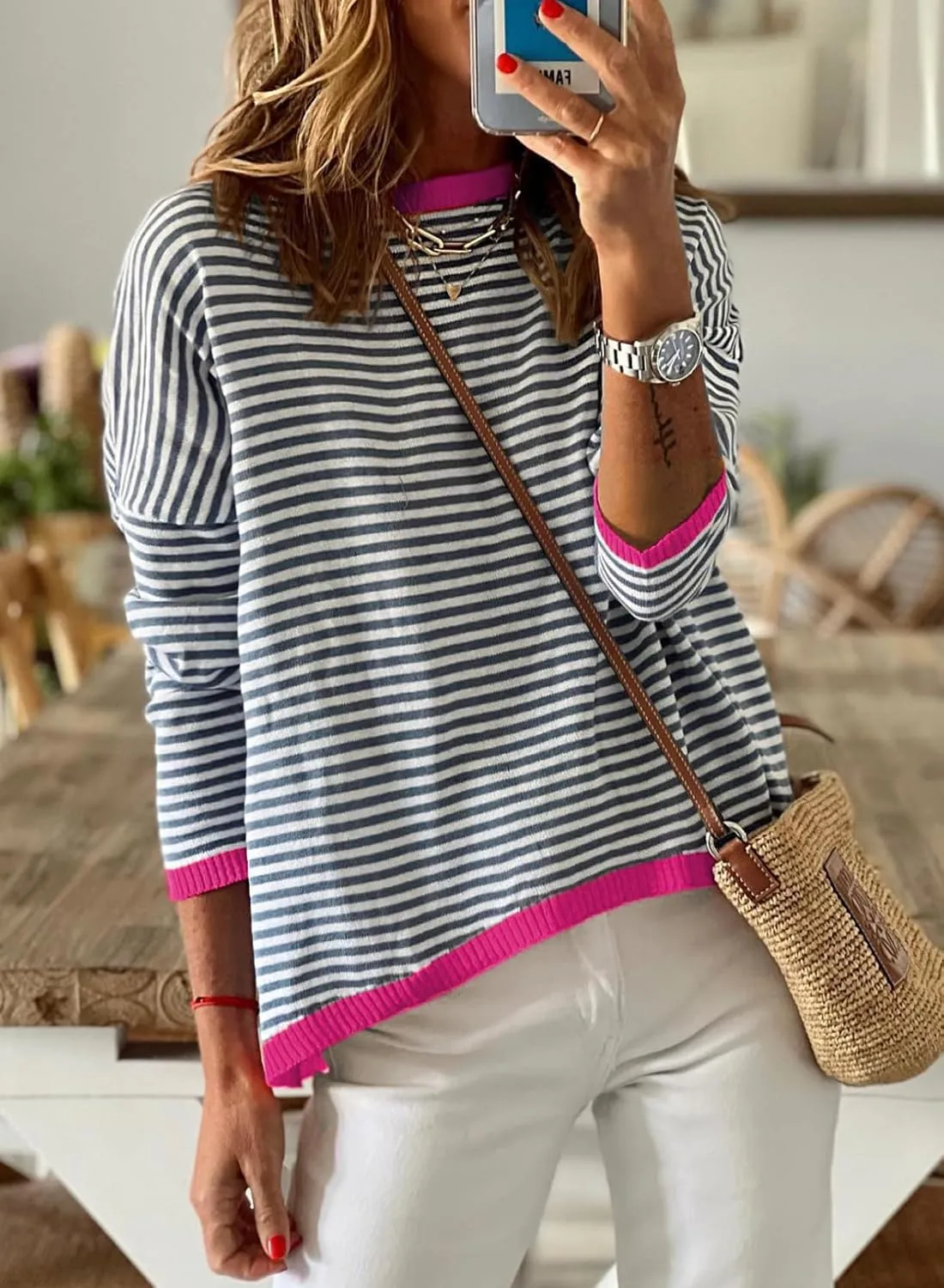 Dokotoo Long Sleeve Shirts for Women Casual Spring Crewneck Striped Color Block Shirt High Low Pullover Sweater Tops