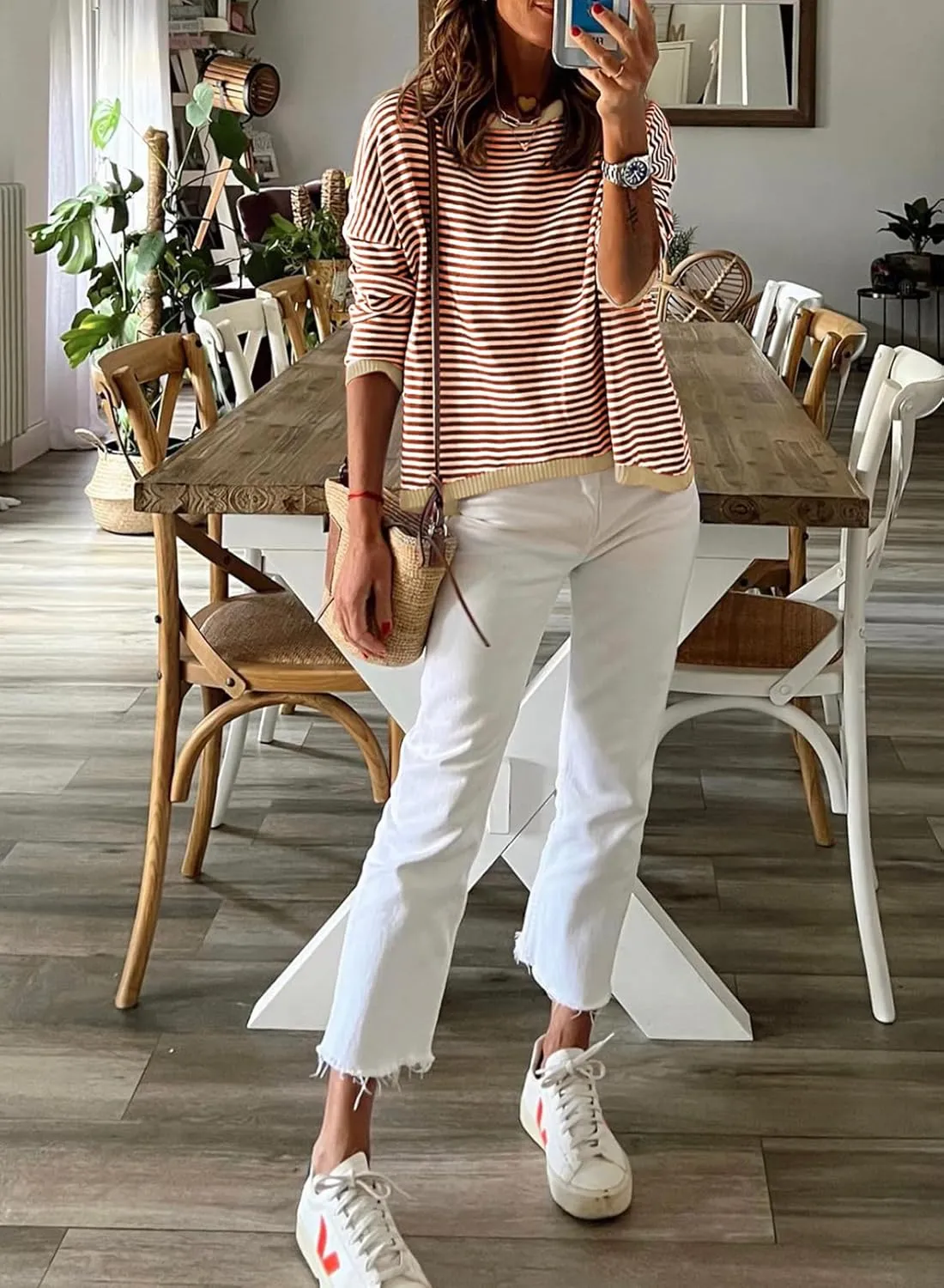 Dokotoo Long Sleeve Shirts for Women Casual Spring Crewneck Striped Color Block Shirt High Low Pullover Sweater Tops