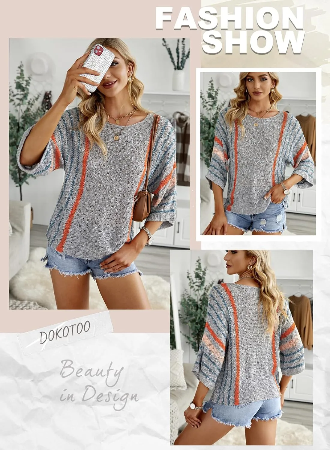 Dokotoo Womens 2025 Spring Casual Color Block Striped Lightweight Comfy Cable Knit Trendy Boho Clothes Pullover Sweaters