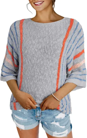 Dokotoo Womens 2025 Spring Casual Color Block Striped Lightweight Comfy Cable Knit Trendy Boho Clothes Pullover Sweaters