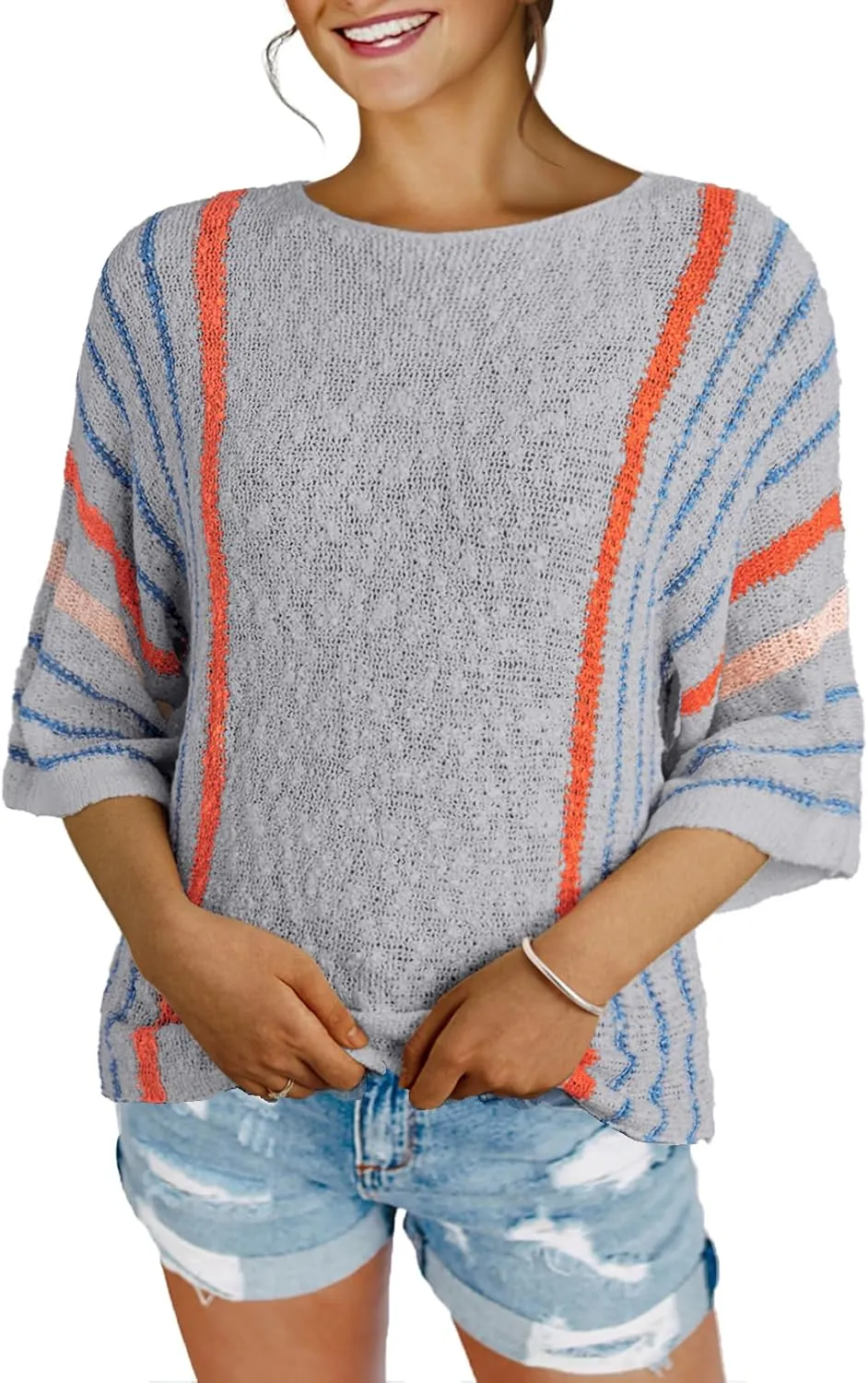 Dokotoo Womens 2025 Spring Casual Color Block Striped Lightweight Comfy Cable Knit Trendy Boho Clothes Pullover Sweaters