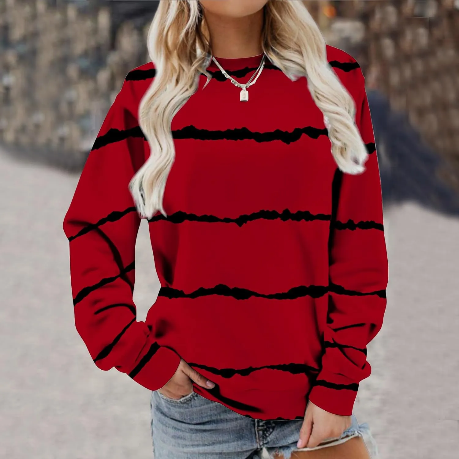 DOLKFU Sweatshirt for Women 2023 Fashion Long Sleeve Crewneck Shirts Blouse Striped Print Tops Casual Loose Blouses