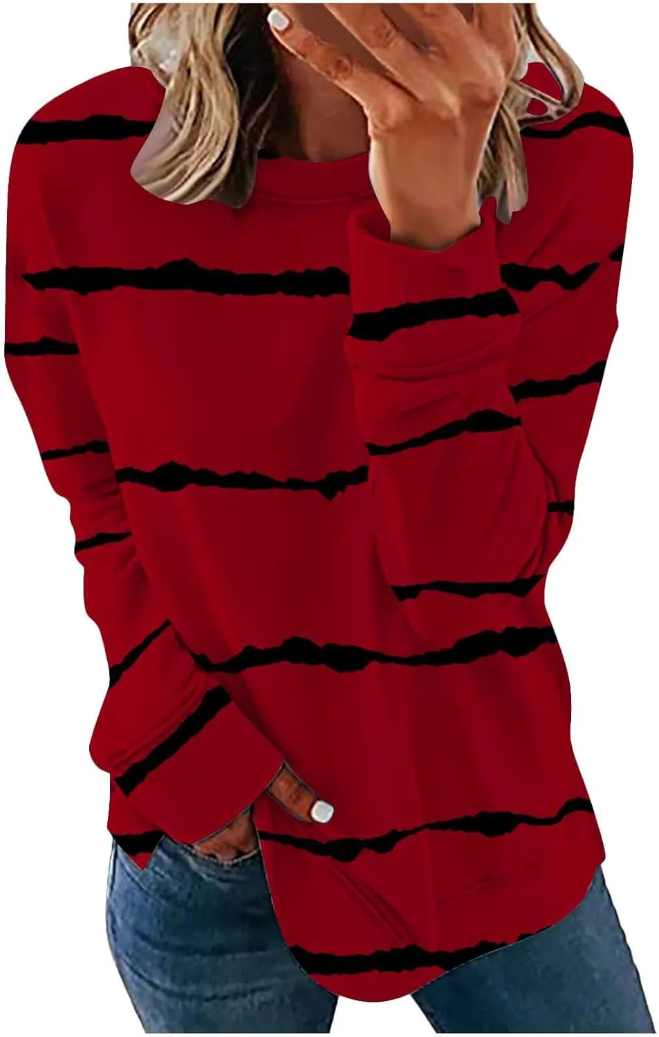 DOLKFU Sweatshirt for Women 2023 Fashion Long Sleeve Crewneck Shirts Blouse Striped Print Tops Casual Loose Blouses