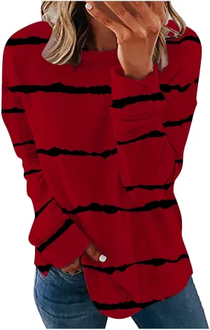 DOLKFU Sweatshirt for Women 2023 Fashion Long Sleeve Crewneck Shirts Blouse Striped Print Tops Casual Loose Blouses