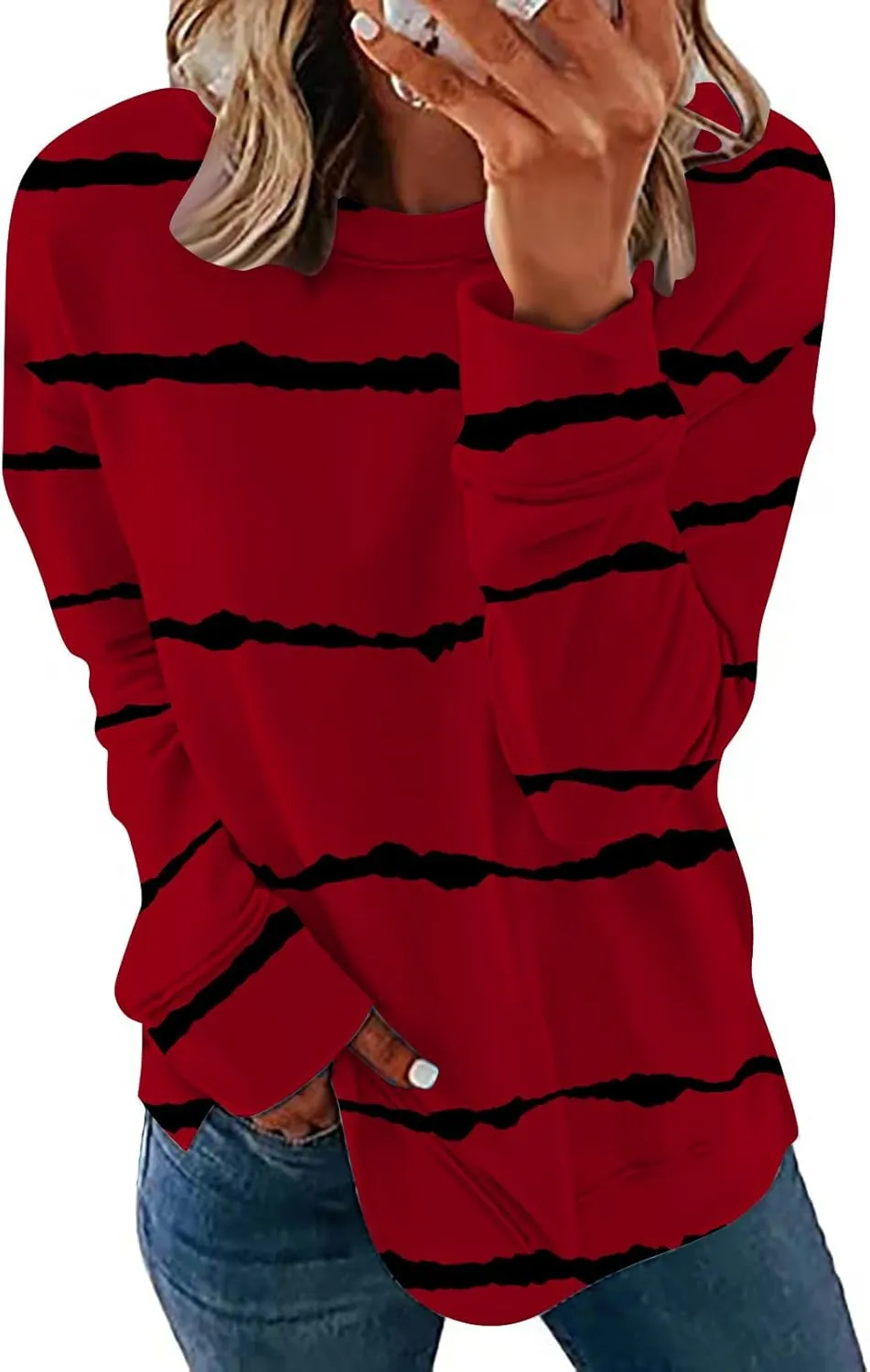 DOLKFU Sweatshirt for Women 2023 Fashion Long Sleeve Crewneck Shirts Blouse Striped Print Tops Casual Loose Blouses