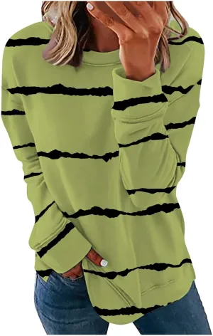 DOLKFU Sweatshirt for Women 2023 Fashion Long Sleeve Crewneck Shirts Blouse Striped Print Tops Casual Loose Blouses