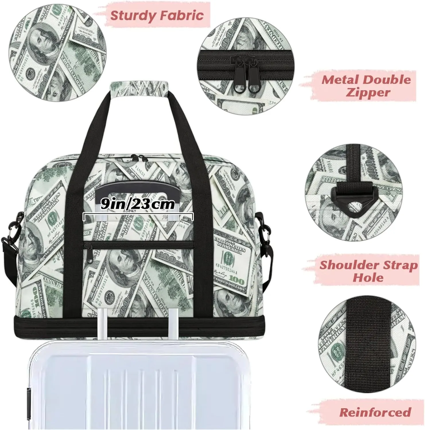 Dollar Money Funny Travel Duffel Bags for Women & Men Large Sports Gym Bags Foldie Weekender Overnight Bag Carry On Tote Bag With Shoe Compartment Personal Item Luggagefor Travel Sports Gym