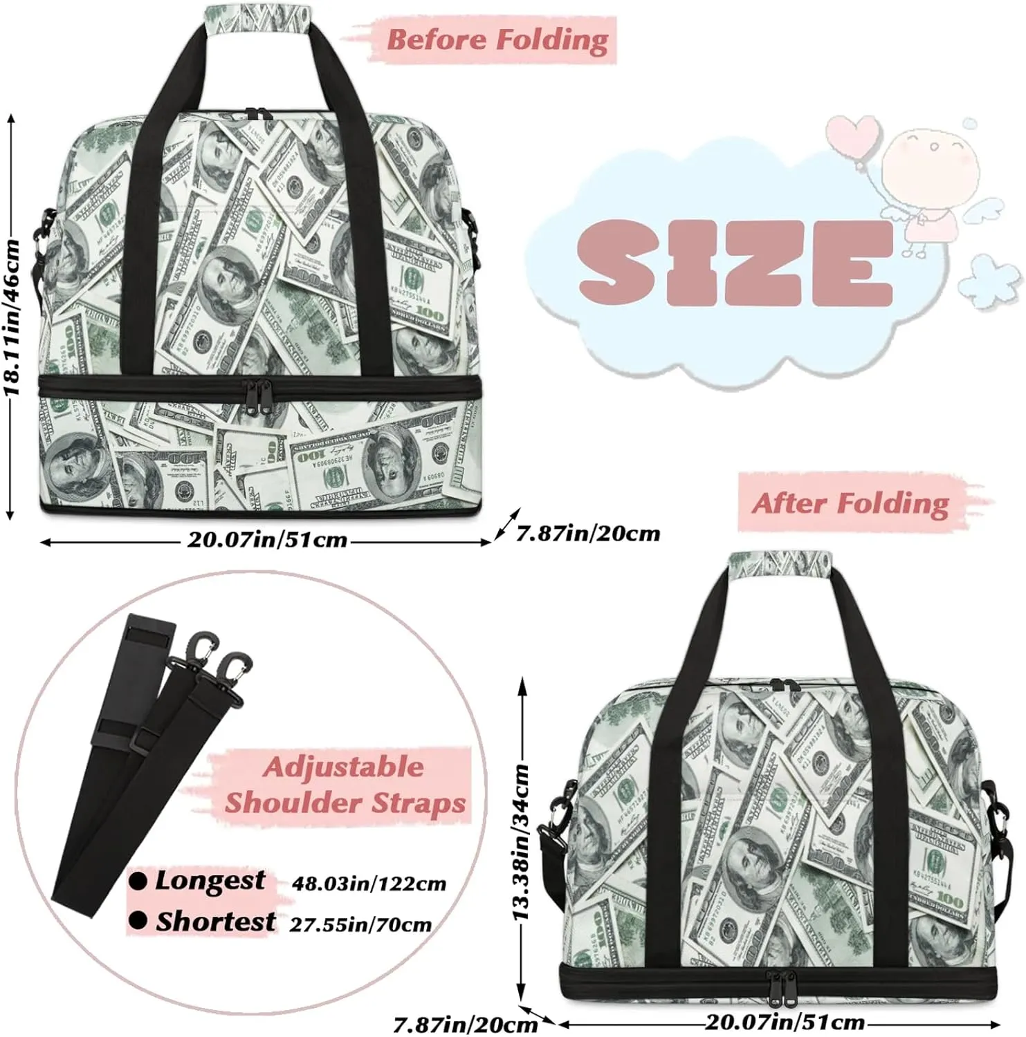 Dollar Money Funny Travel Duffel Bags for Women & Men Large Sports Gym Bags Foldie Weekender Overnight Bag Carry On Tote Bag With Shoe Compartment Personal Item Luggagefor Travel Sports Gym