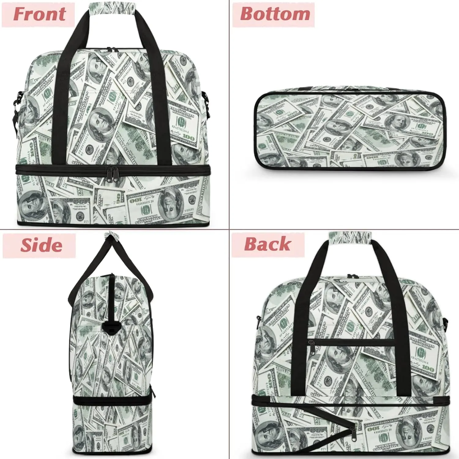 Dollar Money Funny Travel Duffel Bags for Women & Men Large Sports Gym Bags Foldie Weekender Overnight Bag Carry On Tote Bag With Shoe Compartment Personal Item Luggagefor Travel Sports Gym