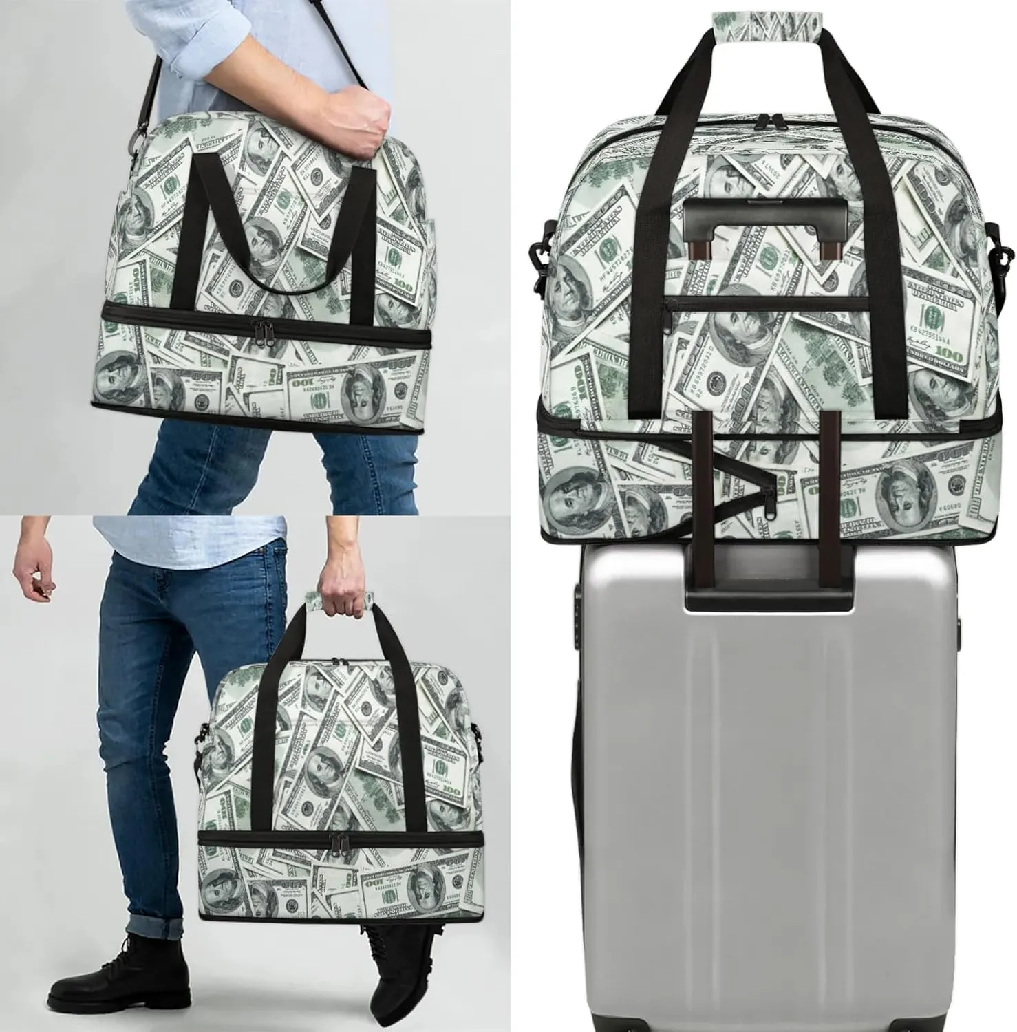 Dollar Money Funny Travel Duffel Bags for Women & Men Large Sports Gym Bags Foldie Weekender Overnight Bag Carry On Tote Bag With Shoe Compartment Personal Item Luggagefor Travel Sports Gym