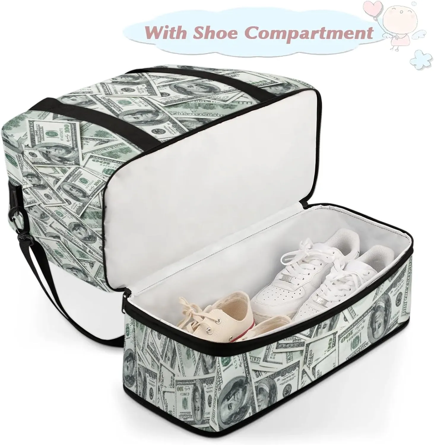 Dollar Money Funny Travel Duffel Bags for Women & Men Large Sports Gym Bags Foldie Weekender Overnight Bag Carry On Tote Bag With Shoe Compartment Personal Item Luggagefor Travel Sports Gym