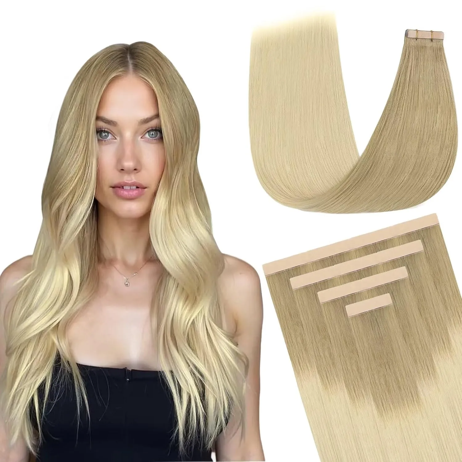 DOORES Human Hair Extensions Tape in, Light Brown to Golden Platinum Blonde 22 Inch 30g 10pcs, Tape in Hair Extensions Real Human Hair Extensions Straight Long Straight