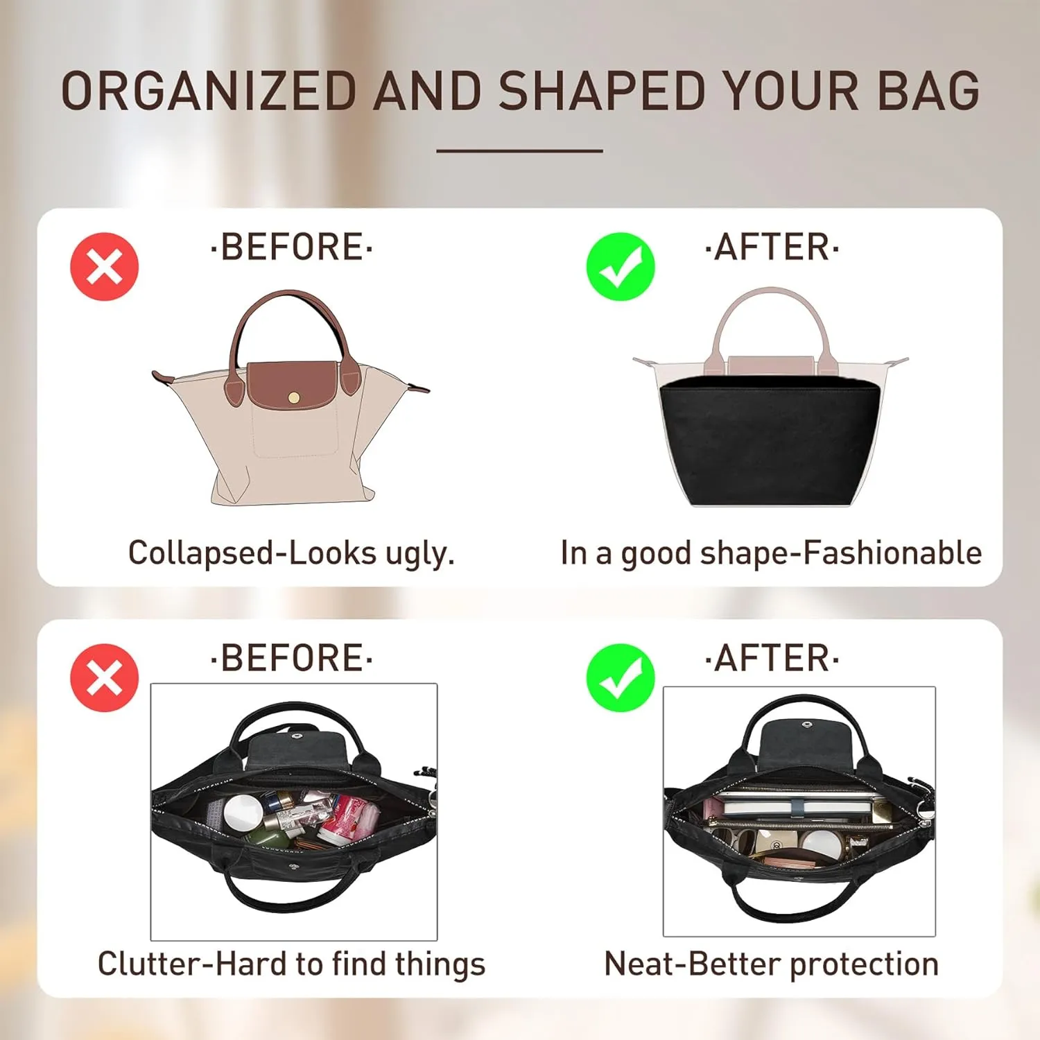 Doxo Purse Insert Organizer Compatible with Long Champ S Handbags & More, Super Lightweight Waterproof Longchamp Small Organizer Insert, Keeps Handbags Shaped&Neat(Fullblack, S)