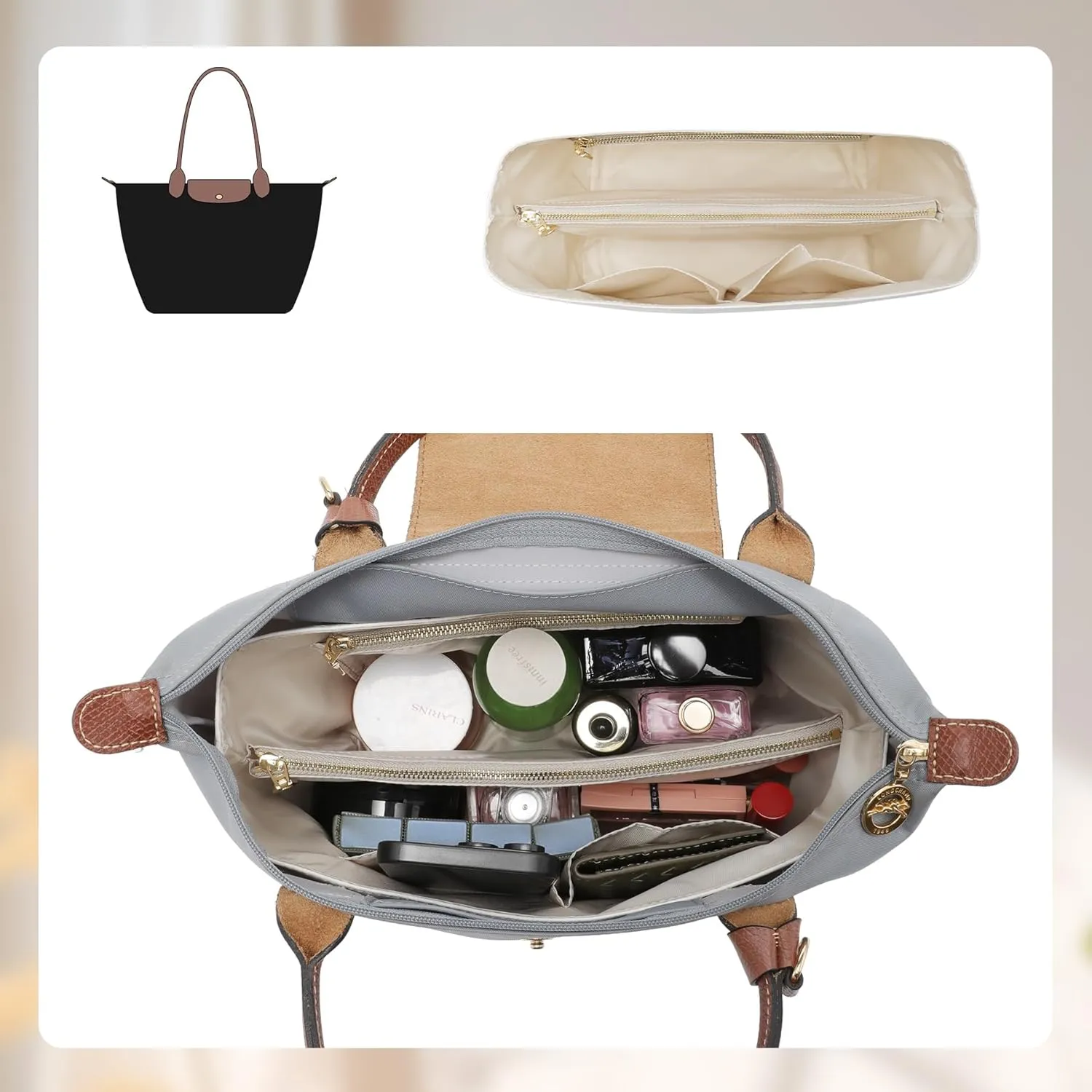 Doxo Purse Insert Organizer Compatible with Long Champ S Handbags & More, Super Lightweight Waterproof Longchamp Small Organizer Insert, Keeps Handbags Shaped&Neat(Fullblack, S)