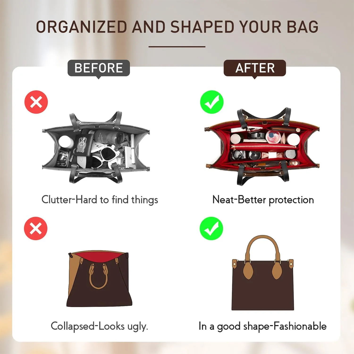 Doxo Purse Organizer Insert,Felt Tote Bag Organizer Insert Suitable for LV Onthego GM & D Book Tote Large Bag And More(Beige-with cover,XL)