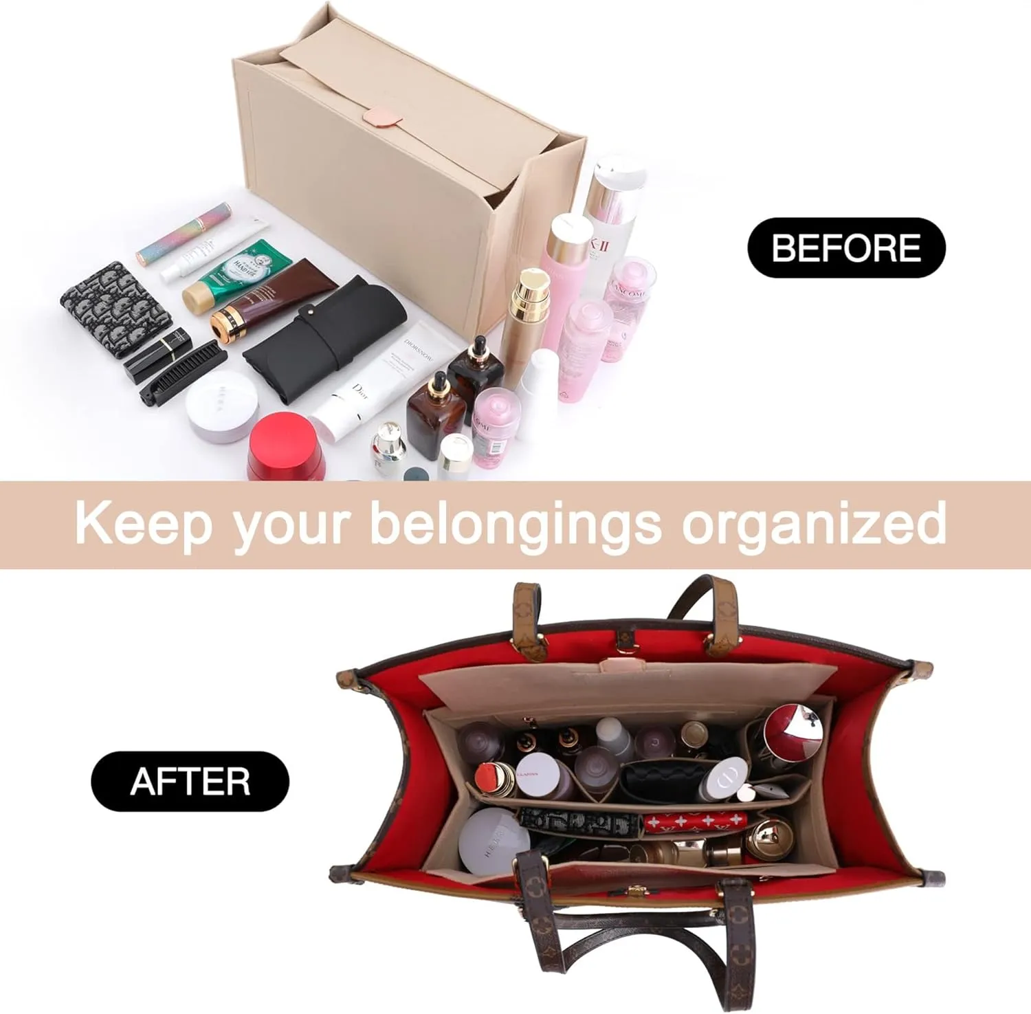 Doxo Purse Organizer Insert,Felt Tote Bag Organizer Insert Suitable for LV Onthego GM & D Book Tote Large Bag And More(Beige-with cover,XL)