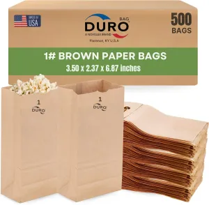 Duro 1# Dubl Life Self-Opening Sack 30#, Recycled Kraft Small Brown Paper Bags Lunch Size, Bulk Mini Food Take-Out Bags for Coffee, Sandwiches, Popcorn, Cookie Snack, & Candy Treats - 500 Count