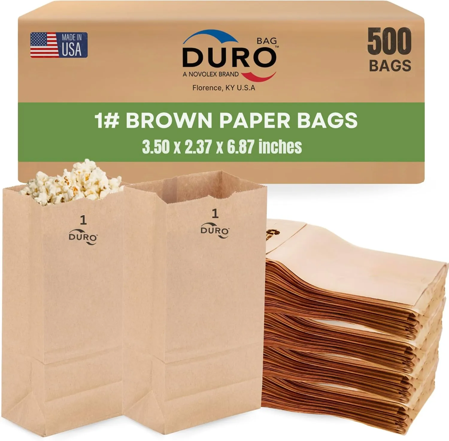 Duro 1# Dubl Life Self-Opening Sack 30#, Recycled Kraft Small Brown Paper Bags Lunch Size, Bulk Mini Food Take-Out Bags for Coffee, Sandwiches, Popcorn, Cookie Snack, & Candy Treats - 500 Count