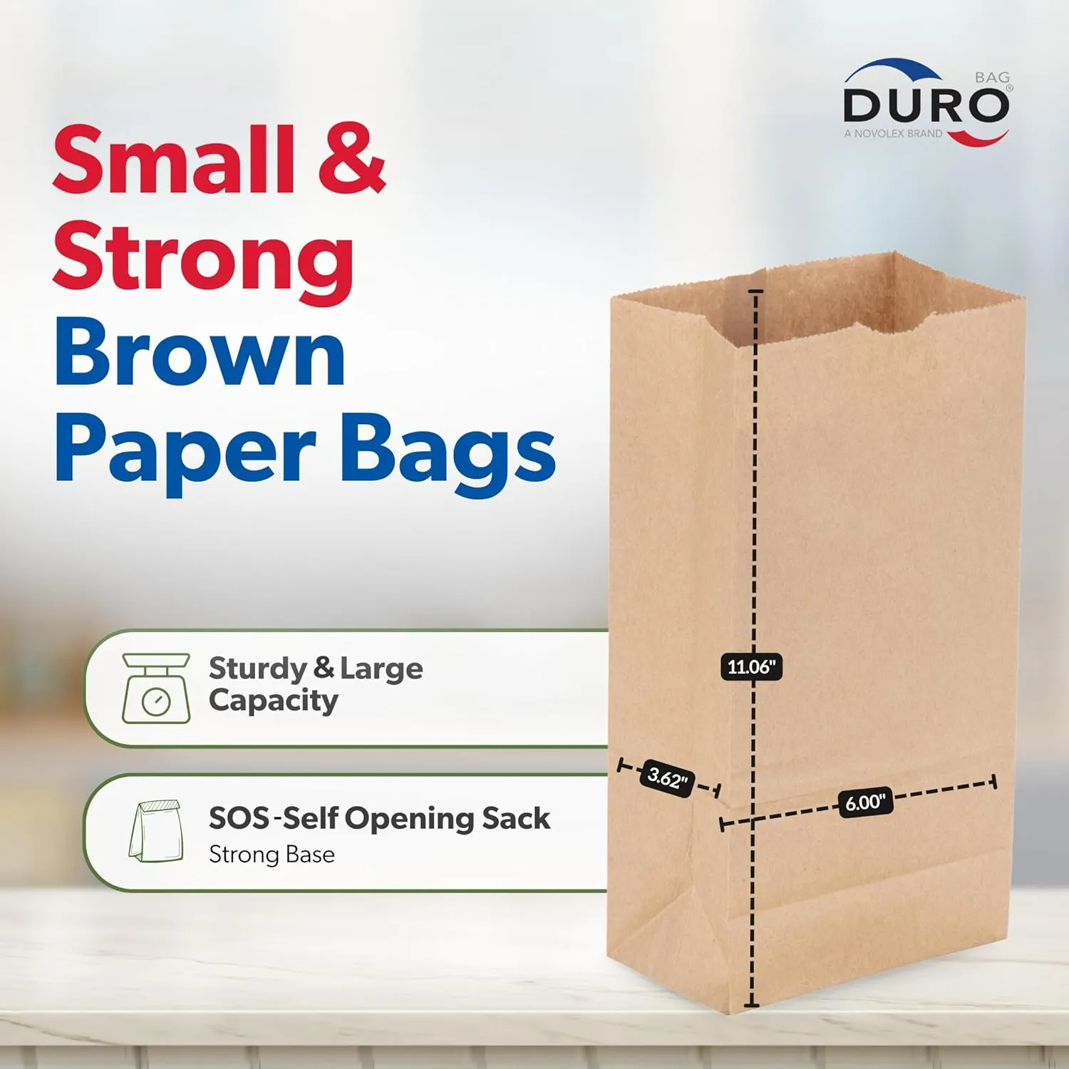 Duro 6# Paper Lunch Bags 100 Count - Bulk Disposable Kraft Paper Sacks, Dubl Life SOS Brown Bag for Candy, Snacks & Treats - 6.00 x3.62 x 11.06 Inches