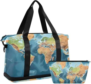 Earth Map Sports Gym Bag,Travel Duffel bag with Wet Pocket & Shoes Compartment Lightweight Waterproof Overnight Bag for Men Women