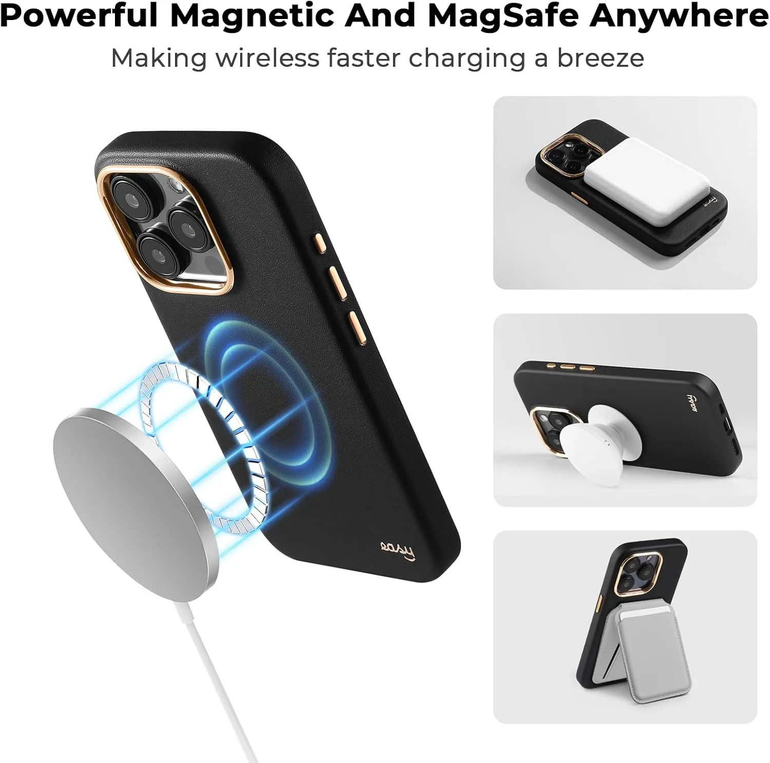 EasyAcc for iPhone 15 Pro Leather Case, [Compatible with Magsafe], Luxurious Vegan Leather Magnetic Phone Case, Protective Slim Case with Metal Buttons & Camera Bezel, Anti-Scratch Phone Cover(Black)