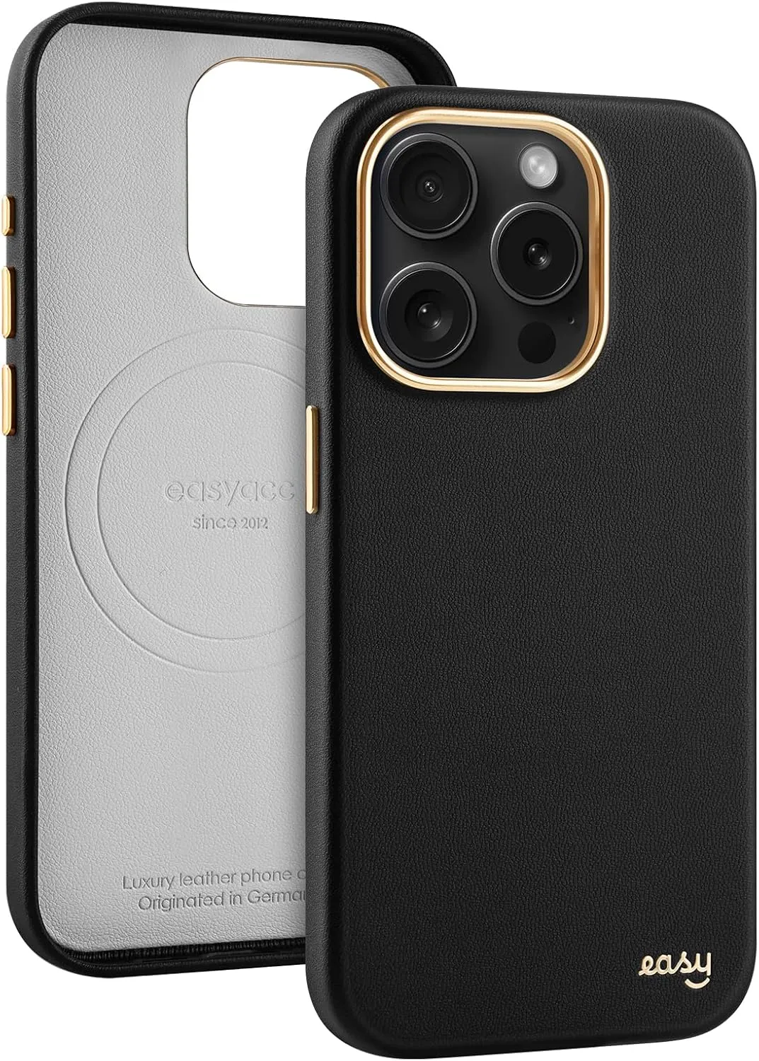 EasyAcc for iPhone 15 Pro Leather Case, [Compatible with Magsafe], Luxurious Vegan Leather Magnetic Phone Case, Protective Slim Case with Metal Buttons & Camera Bezel, Anti-Scratch Phone Cover(Black)