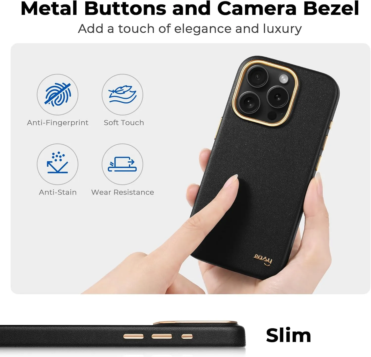 EasyAcc for iPhone 15 Pro Leather Case, [Compatible with Magsafe], Luxurious Vegan Leather Magnetic Phone Case, Protective Slim Case with Metal Buttons & Camera Bezel, Anti-Scratch Phone Cover(Black)