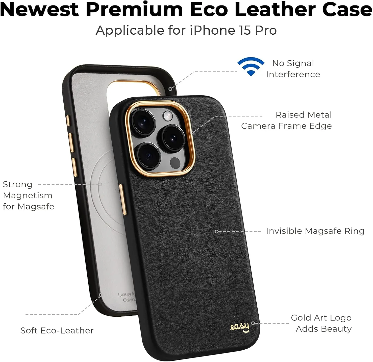 EasyAcc for iPhone 15 Pro Leather Case, [Compatible with Magsafe], Luxurious Vegan Leather Magnetic Phone Case, Protective Slim Case with Metal Buttons & Camera Bezel, Anti-Scratch Phone Cover(Black)