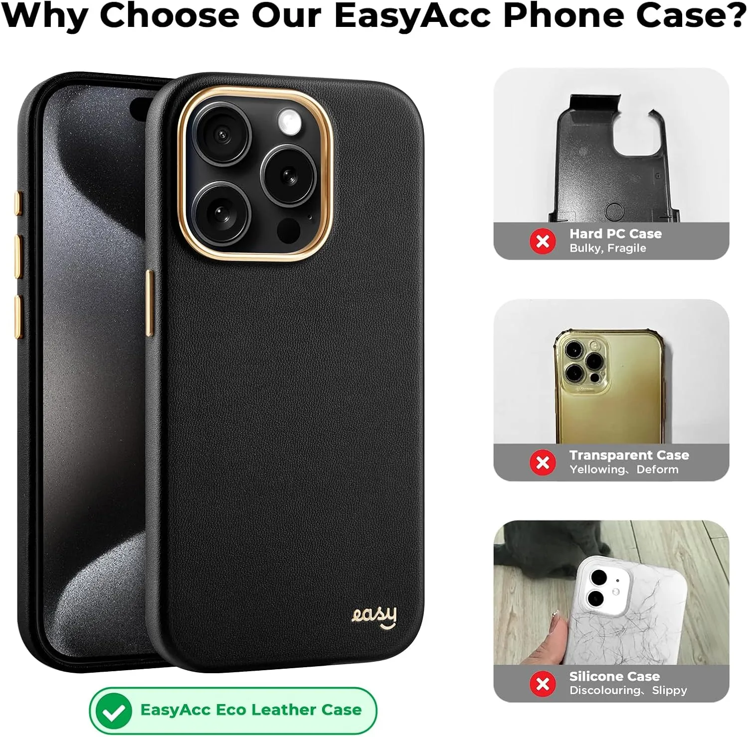 EasyAcc for iPhone 15 Pro Leather Case, [Compatible with Magsafe], Luxurious Vegan Leather Magnetic Phone Case, Protective Slim Case with Metal Buttons & Camera Bezel, Anti-Scratch Phone Cover(Black)