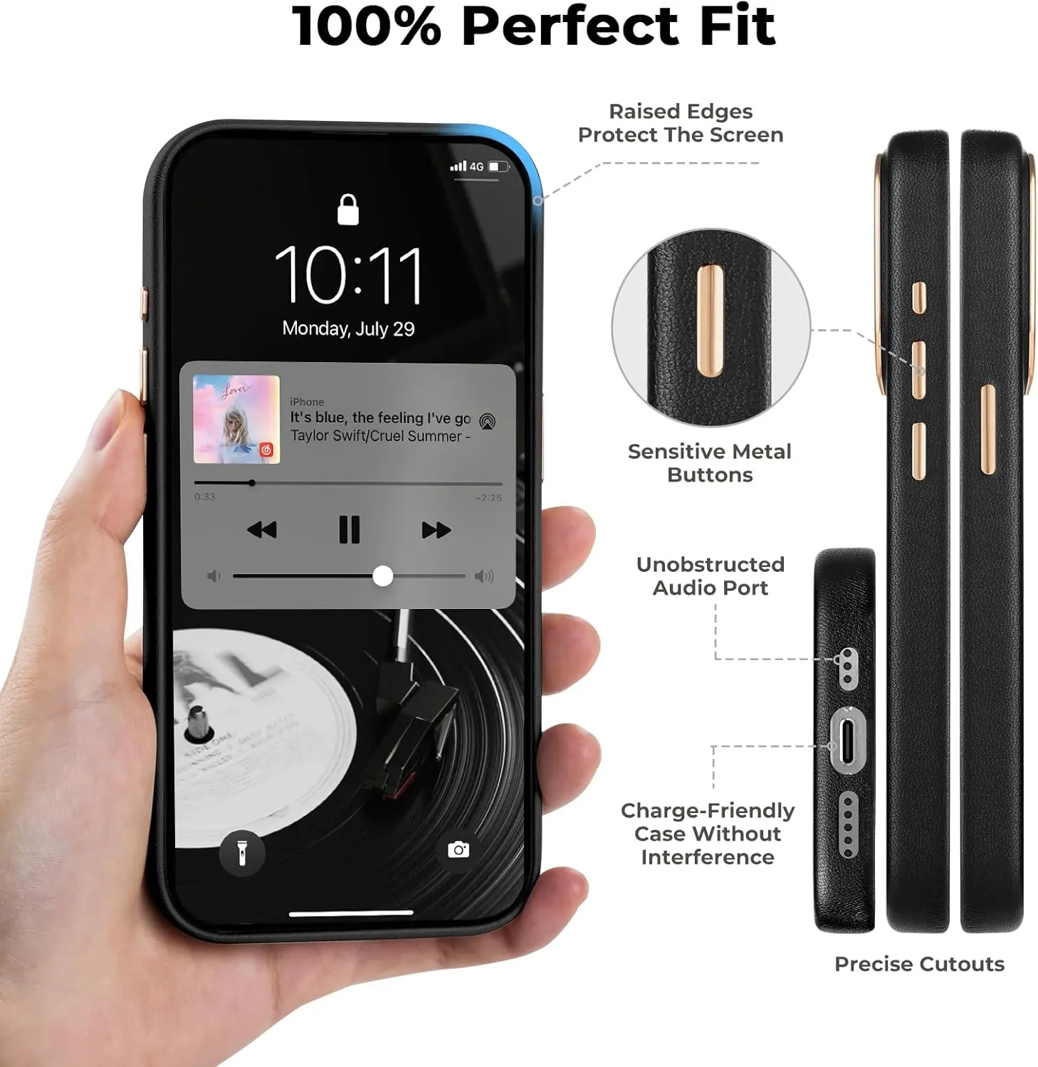 EasyAcc for iPhone 15 Pro Leather Case, [Compatible with Magsafe], Luxurious Vegan Leather Magnetic Phone Case, Protective Slim Case with Metal Buttons & Camera Bezel, Anti-Scratch Phone Cover(Black)