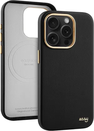 EasyAcc for iPhone 15 Pro Leather Case, [Compatible with Magsafe], Luxurious Vegan Leather Magnetic Phone Case, Protective Slim Case with Metal Buttons & Camera Bezel, Anti-Scratch Phone Cover(Black)