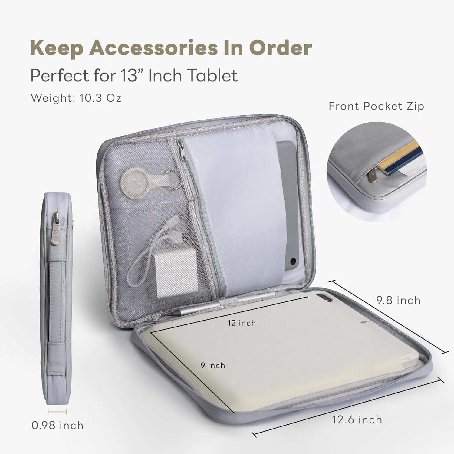 EIP 13 inch Waterproof Slim Tablet Carring Case, Handle Sleeve bag for iPad Pro M4 13 Inch, iPad Air 13 Inch, iPad Pro 12.9", MacBook Air 13", Fit Keyboard and Pen, Grey