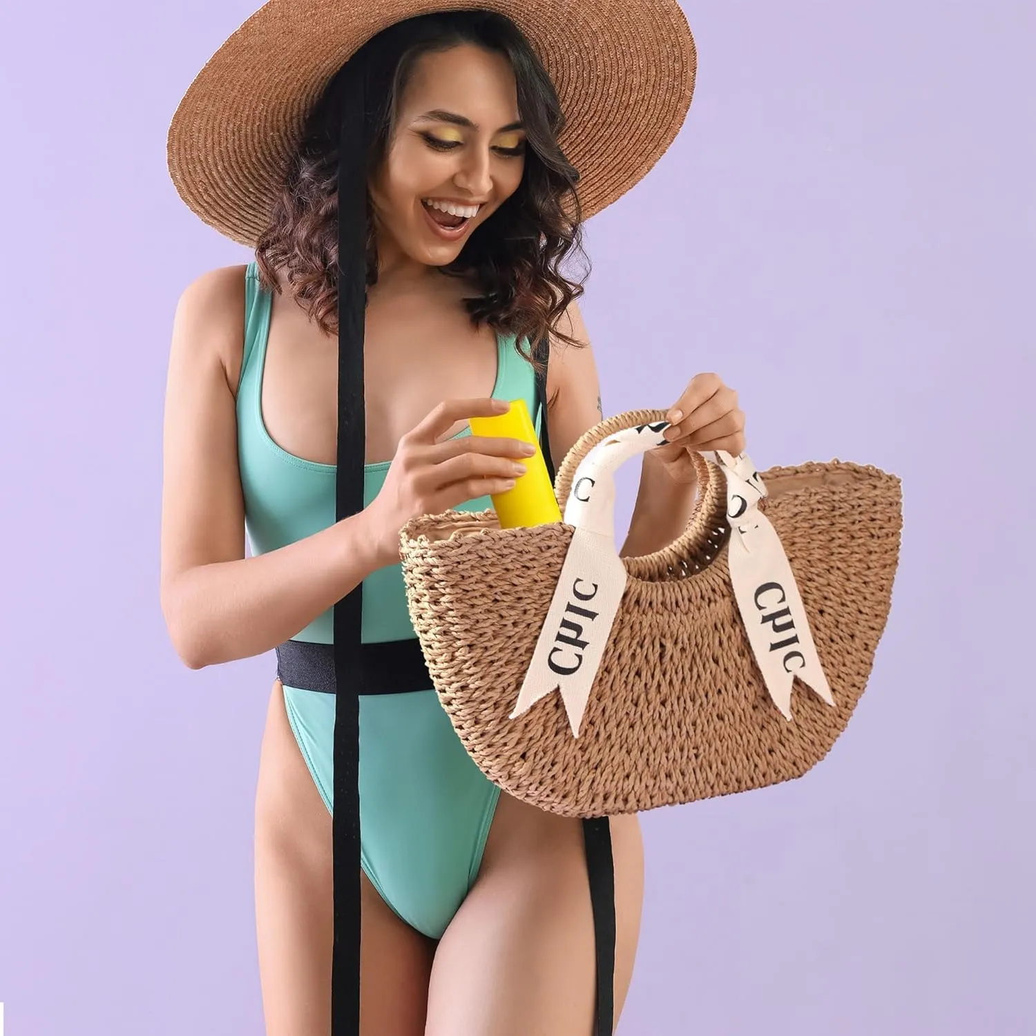 Eiyye Women's Shoulder Handbag Straw Beach Bag Woven Bag Handbag Purse Summer Beach Bag, Khaki