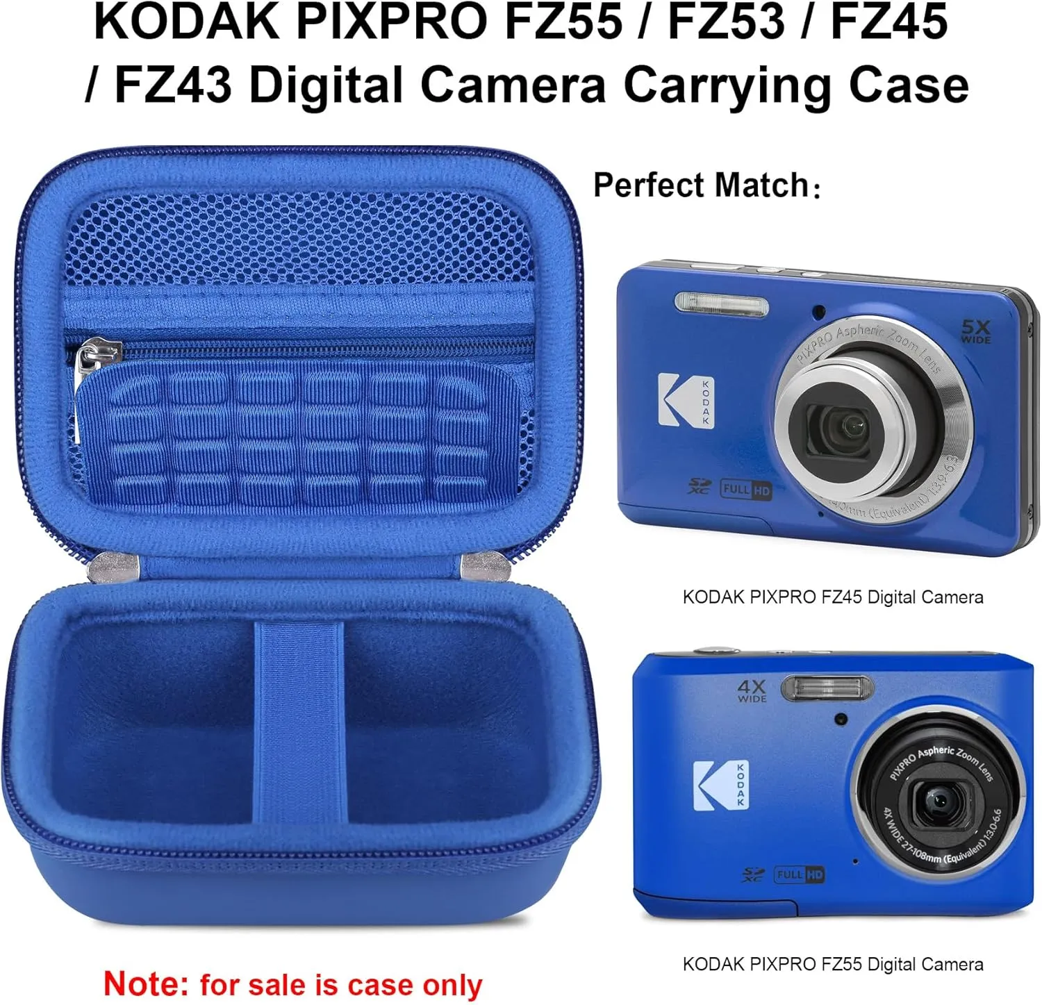 Elonbo Camera Carrying Case for KODAK PIXPRO FZ55 / FZ53 / FZ45 / FZ43 16MP Digital Camera, Vlogging Camera Storage Holder Travel Bag, ​Mesh Bag Fits Batteries, Cable, Memory Card, Blue