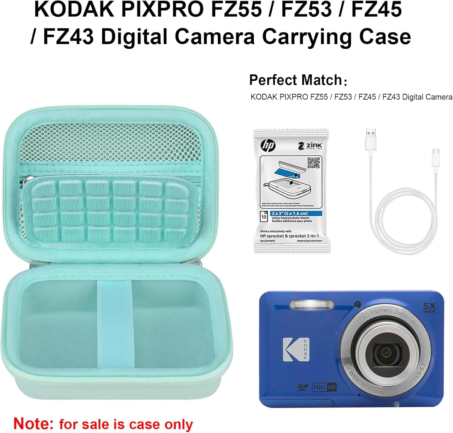Elonbo Camera Carrying Case for KODAK PIXPRO FZ55 / FZ53 / FZ45 / FZ43 16MP Digital Camera, Vlogging Camera Storage Holder Travel Bag, ​Mesh Bag Fits Batteries, Cable, Memory Card, Green