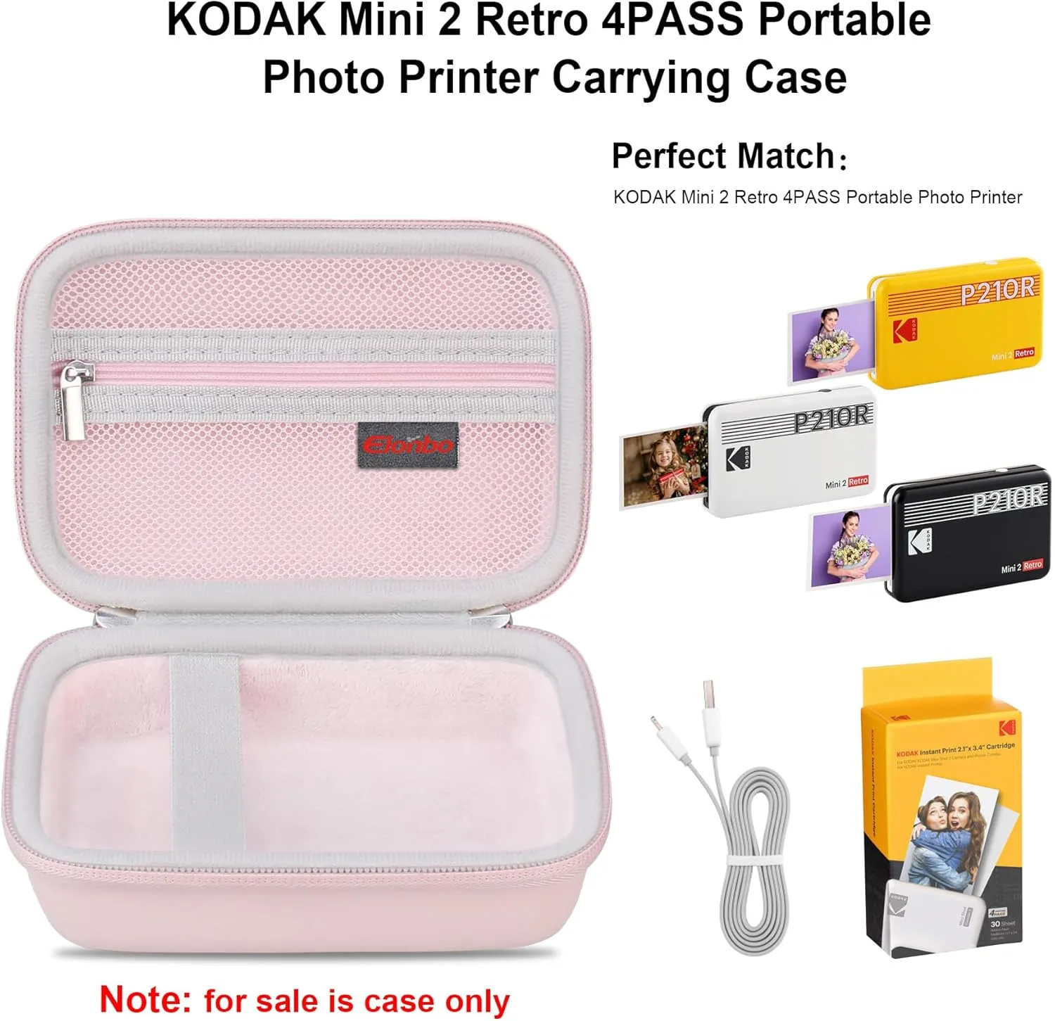 Elonbo Carrying Case for KODAK Mini 2 Retro 4PASS Portable Photo Printer, Digital Instant Print Camera Travel Bag Storage Holder, Mesh Pocket Fits Printing Paper, Cable, Pink
