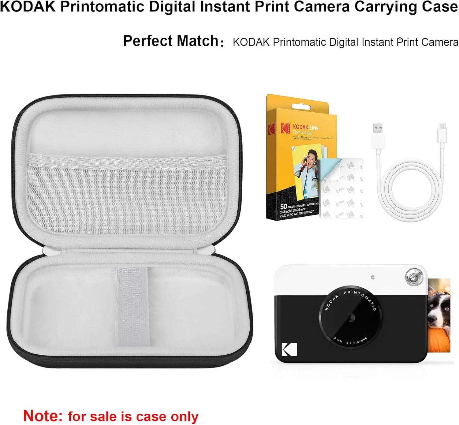 Elonbo Carrying Case for KODAK Printomatic Full-Color Instant Print Digital Camera, Portable Bluetooth Photo Printer Storage Holder Bag, ​Mesh Bag Fits Photo Paper SD Card USB Cable, Black