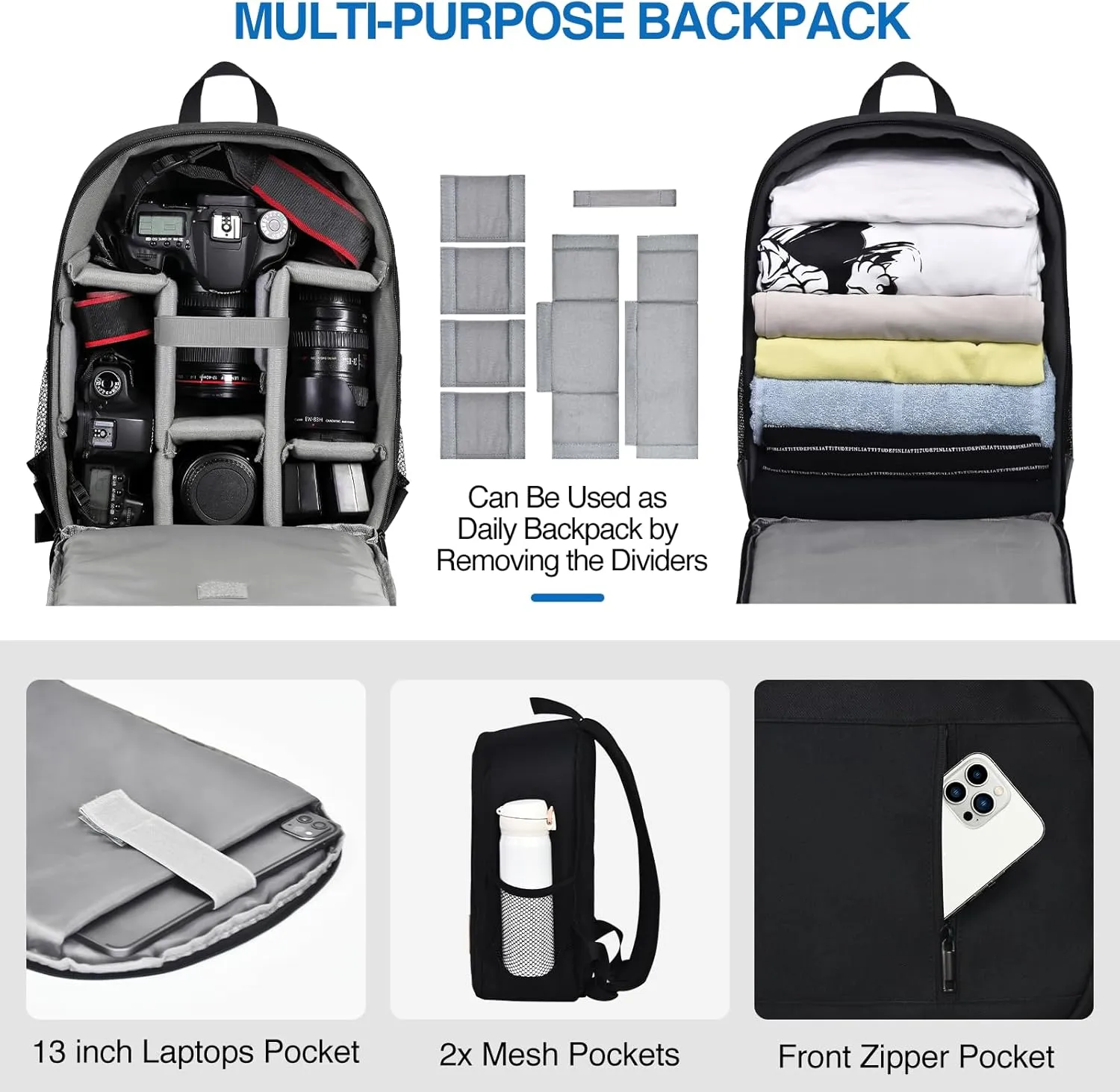 EMART Small Camera Backpack Bag Professional with Waterproof Rain Cover for SLR/DSLR Mirrorless Accessories, Photography Cases for Sony Canon Nikon, Tripod, 13" Laptop