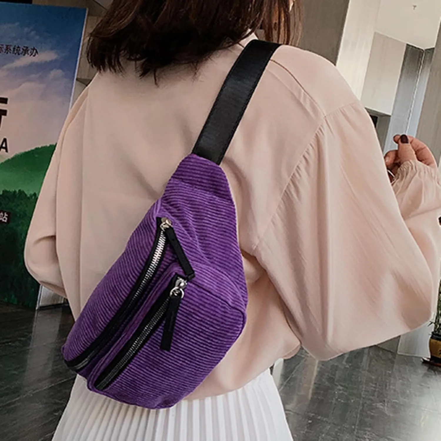 eYLun Women Fanny Pack Crossbody Bag Casual Corduroy Waist Bag Adjustable Chest Bag Waist Pack for Travel Walking Running Hiking Cycling Purple